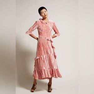 Rejina Pyo / Alina pink crushed velvet ruffle midi dress size 6